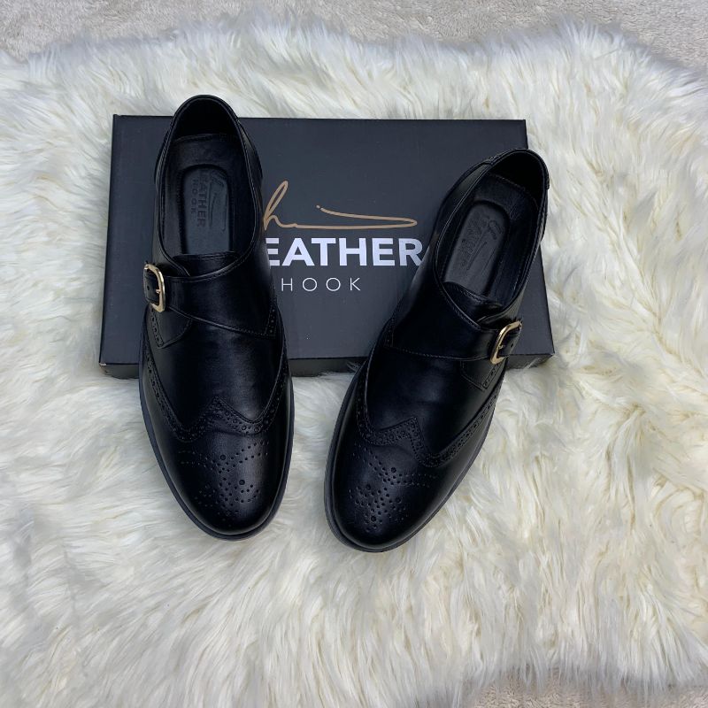 Black - Wingtip Brogue Single Monk Strap- Leatherhook - Cow - Leather - Shoes - casual - handmade - handcrafted -premium