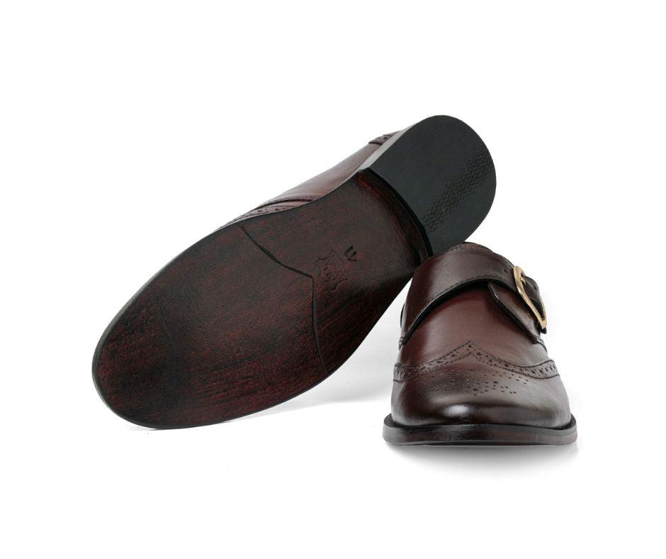 Maroon - Wingtip Brogue Single Monk Strap Leatherhook - Cow - leather - shoes - formal - loafer - handmade - premium - handcrafted